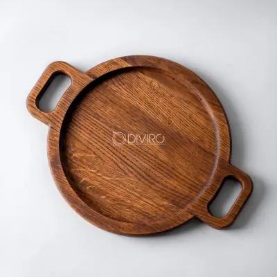 Круглая деревянная доска для подачи с ручками из дуба